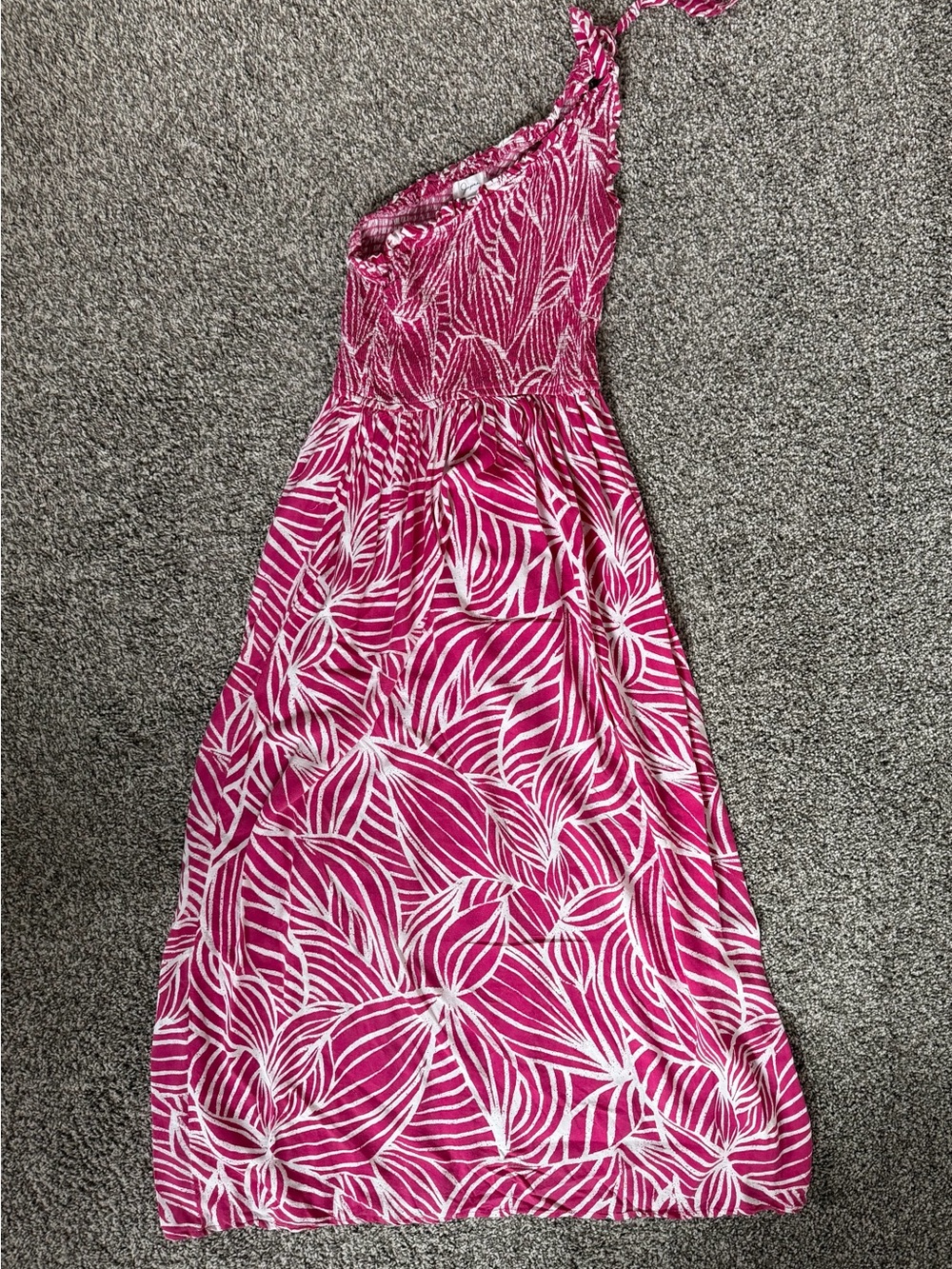 Japna One-Shoulder Fuchsia and White Leaf-Print Maxi Dress